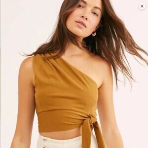 Free People Carmen Camel Brown One Shoulder Cropped Top Blouse Tie Waist Size XS